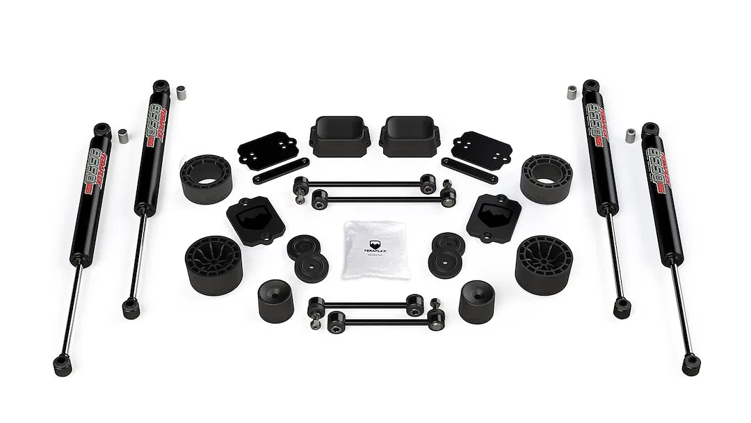 1365350 – TERAFLEX Lift Kit Suspension, 3 Inch Front Lift 2-1/2 Inch Rear Lift With Front And Rear Twin Tube 9550 Sho...